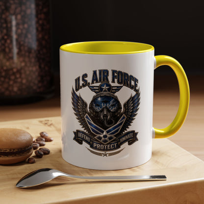 U.S. Air Force Emblem Accent Coffee Mug — Defend Protect Dominate (11/15oz)