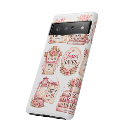 Christian Phone Case — Jesus Saves Floral Tough Case with 'God Is Within Her' & 'Trust God' Design