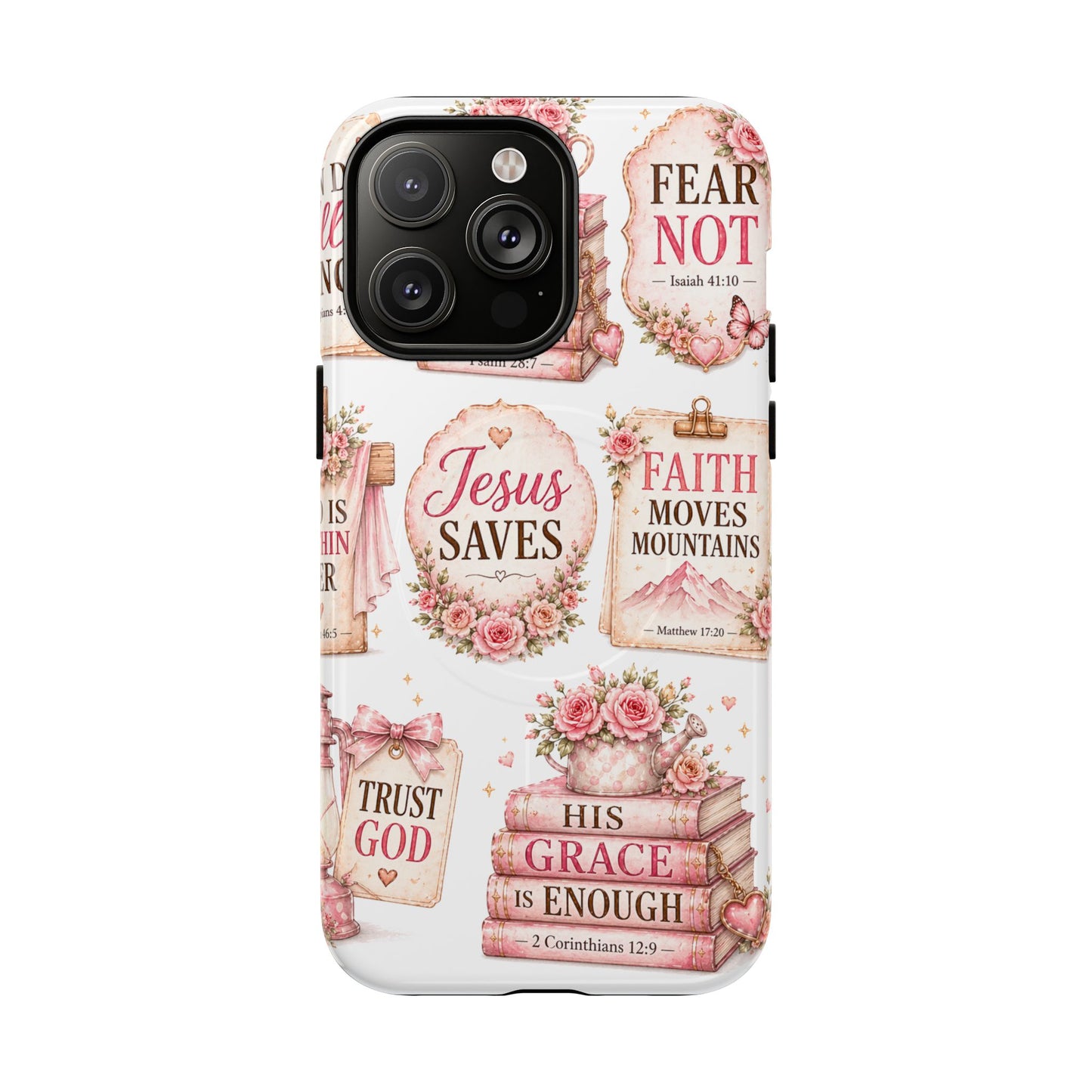 Christian Faith iPhone Tough Magnetic Case — 'Jesus Saves' Floral Scripture Design (Fear Not, Faith Moves Mountains)