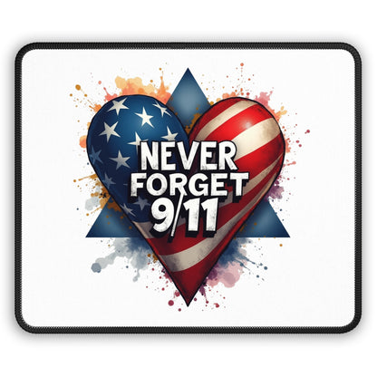 Never Forget 9/11 Gaming Mouse Pad — Patriotic American Flag Heart Memorial Desk Mat
