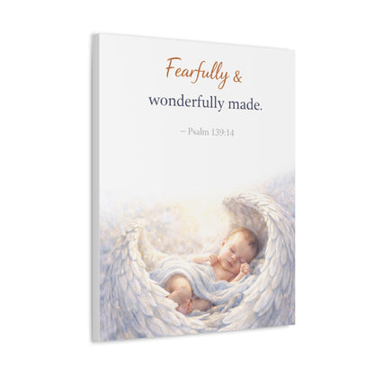 Canvas Wall Art - "Fearfully & Wonderfully Made" Baby Angel Bible Verse (Psalm 139:14) Nursery Decor