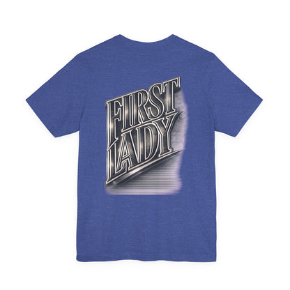 First Lady Graphic Tee — Retro Metallic Script Short Sleeve Shirt
