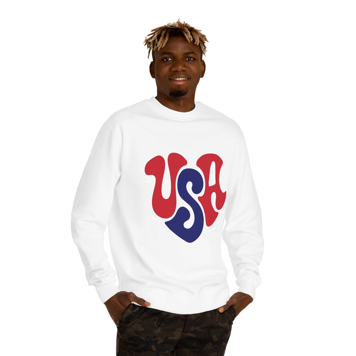 USA Heart Crewneck Sweatshirt — Retro Red & Blue Patriotic Pullover