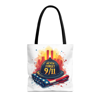 Never Forget 9/11 Memorial Tote Bag — Firefighter Helmet & Flag Tribute