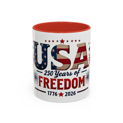 USA 250 Years of Freedom Accent Coffee Mug – 1776–2026 Patriotic Fourth of July Gift