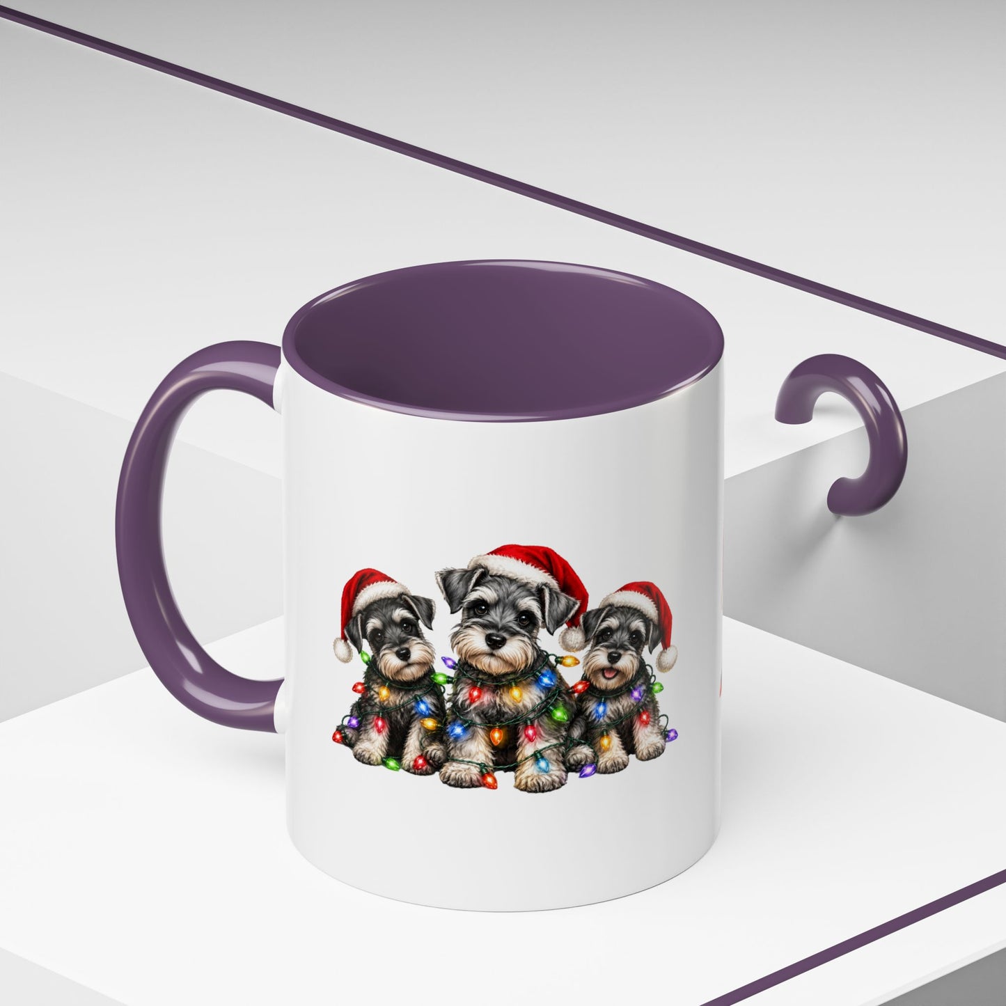 Christmas Puppy Coffee Mug — Cute Schnauzer Trio with Santa Hats & Holiday Lights (11/15oz)