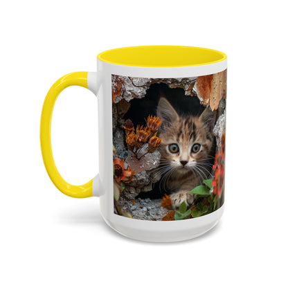 Cute Kitten Peek Accent Coffee Mug — Tabby Cat Floral 11/15oz