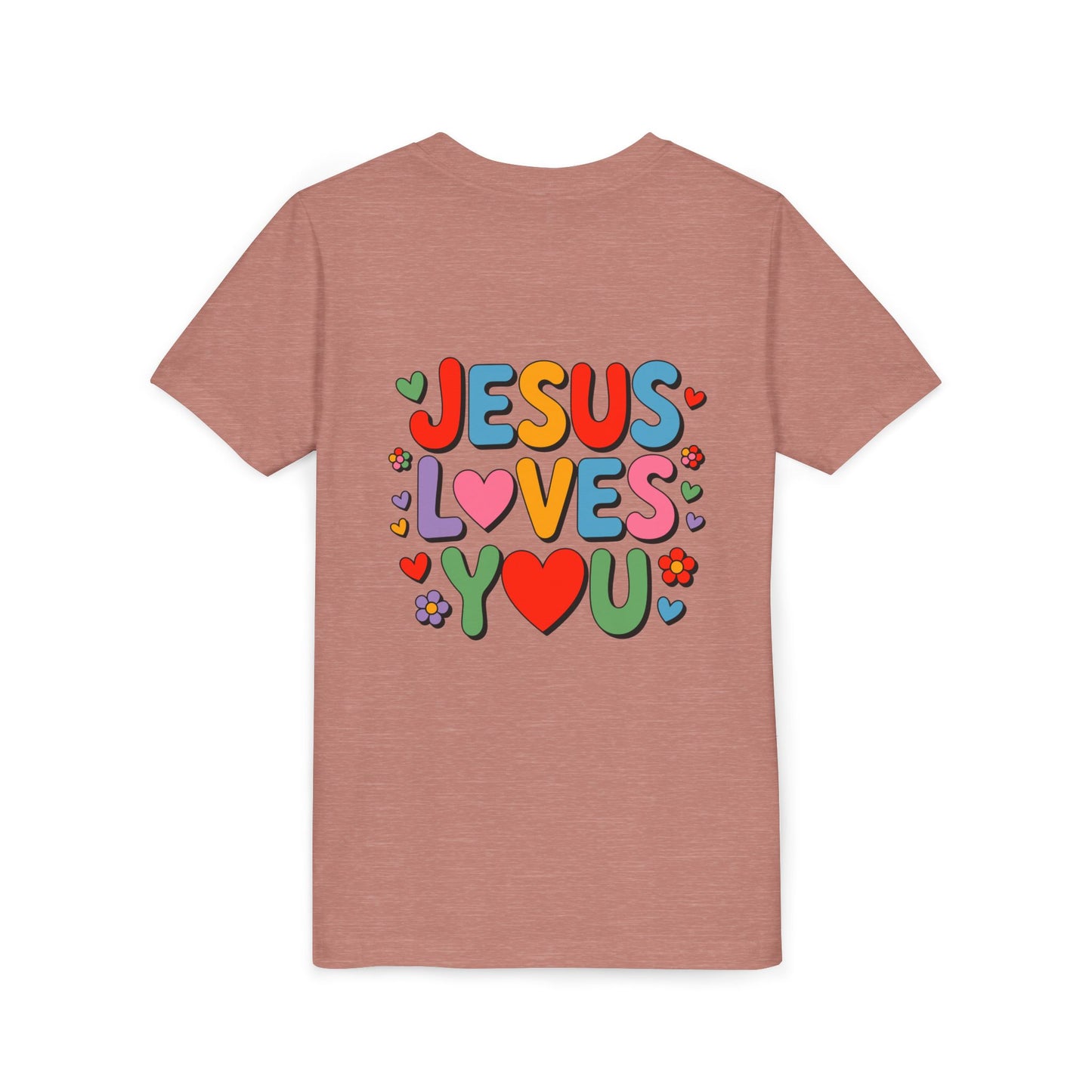 Youth Tee - "Jesus Loves You" Colorful Heart & Flower Christian Shirt