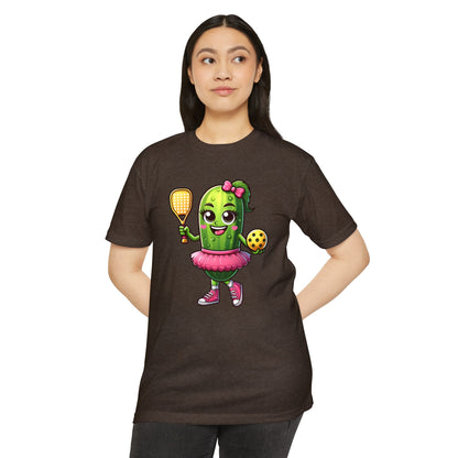 Pickle Paddleball T-Shirt — Cute Pickle Character in Tutu with Paddle & Ball