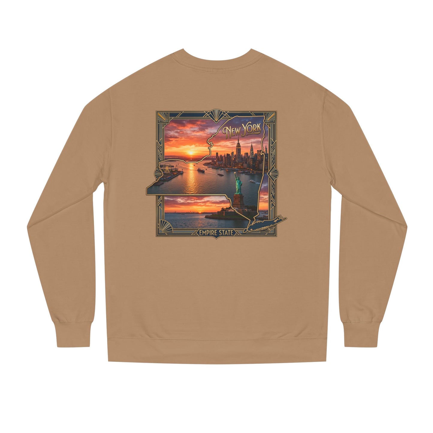 New York Sunset Crewneck Sweatshirt — Statue of Liberty Skyline Graphic