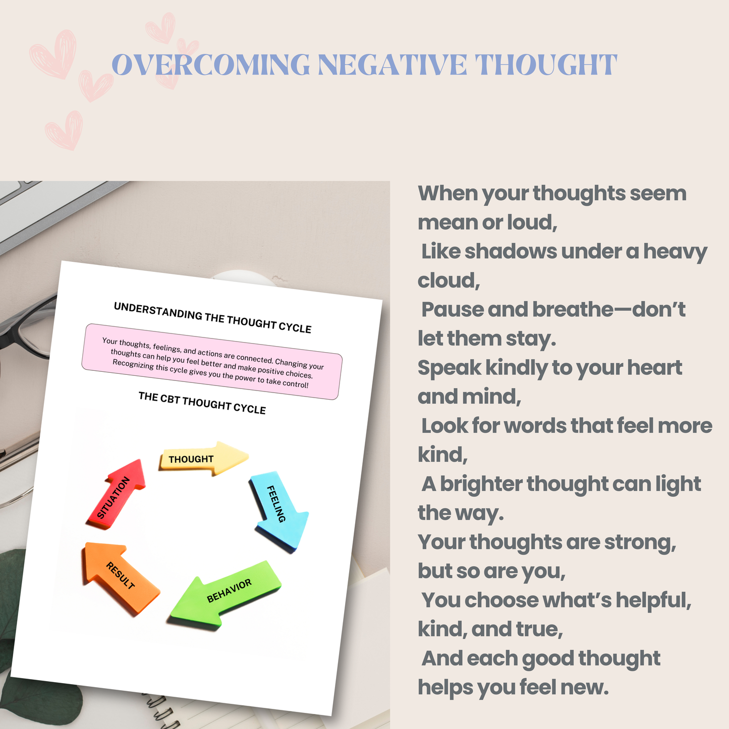 Overcome Negative Thoughts Workbook PDF | Positive Thinking Journal, CBT Worksheets, Mental Health Planner, Self Help &amp; Mindset Reset Guide