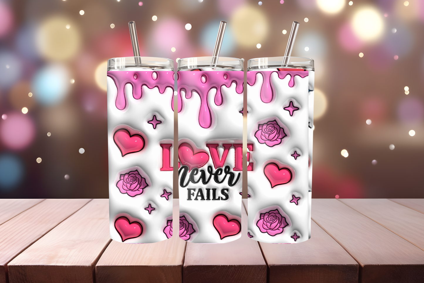 Inflated Love Never Fails Tumbler Wrap PNG | Inspirational Quote Design, 20oz Skinny Tumbler Sublimation, Romantic &amp; Faith-Based Wrap