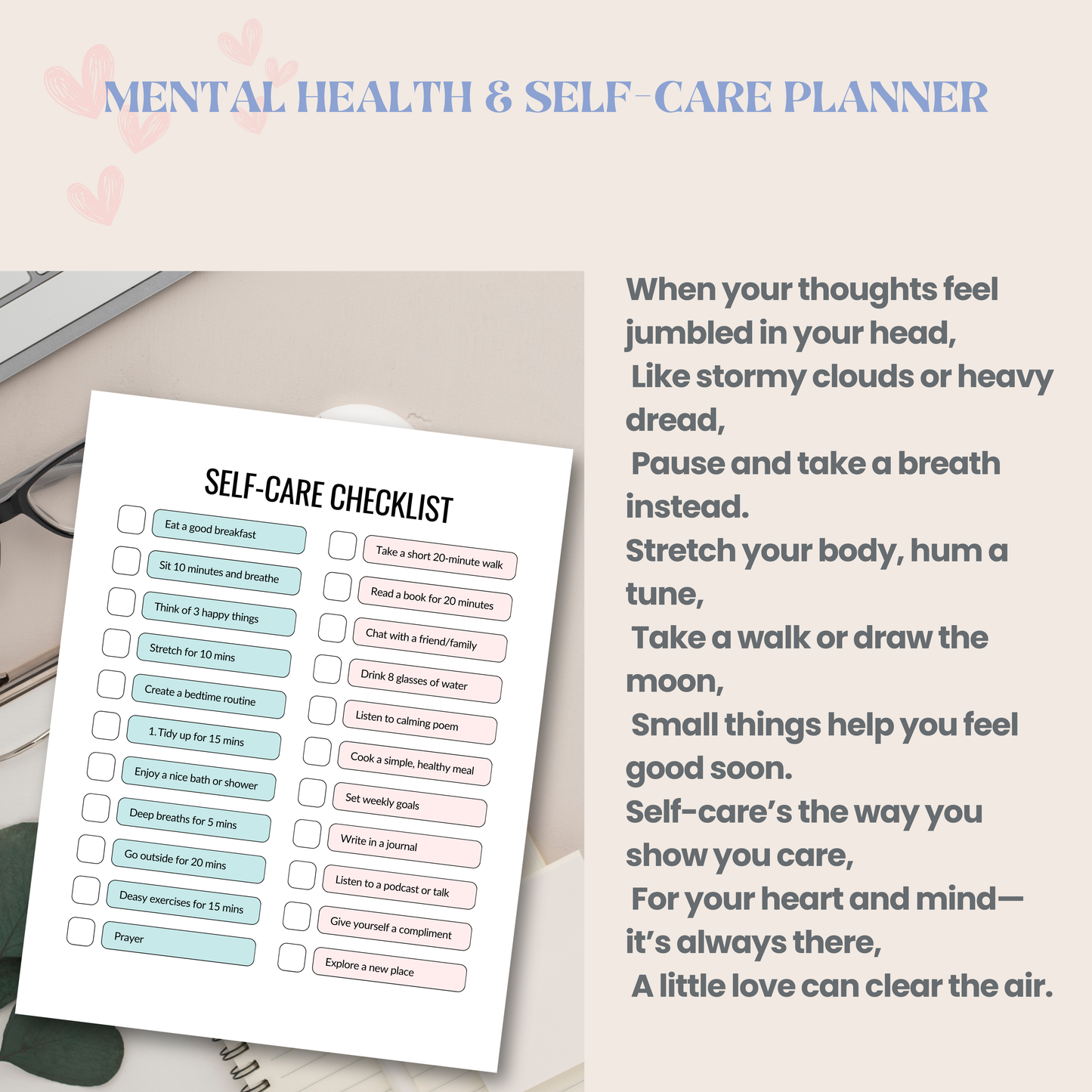 Mental Health &amp; Self-Care Planner PDF | Wellness Journal, Mood Tracker, Stress Relief Workbook, Daily Self Care &amp; Mindfulness Planner