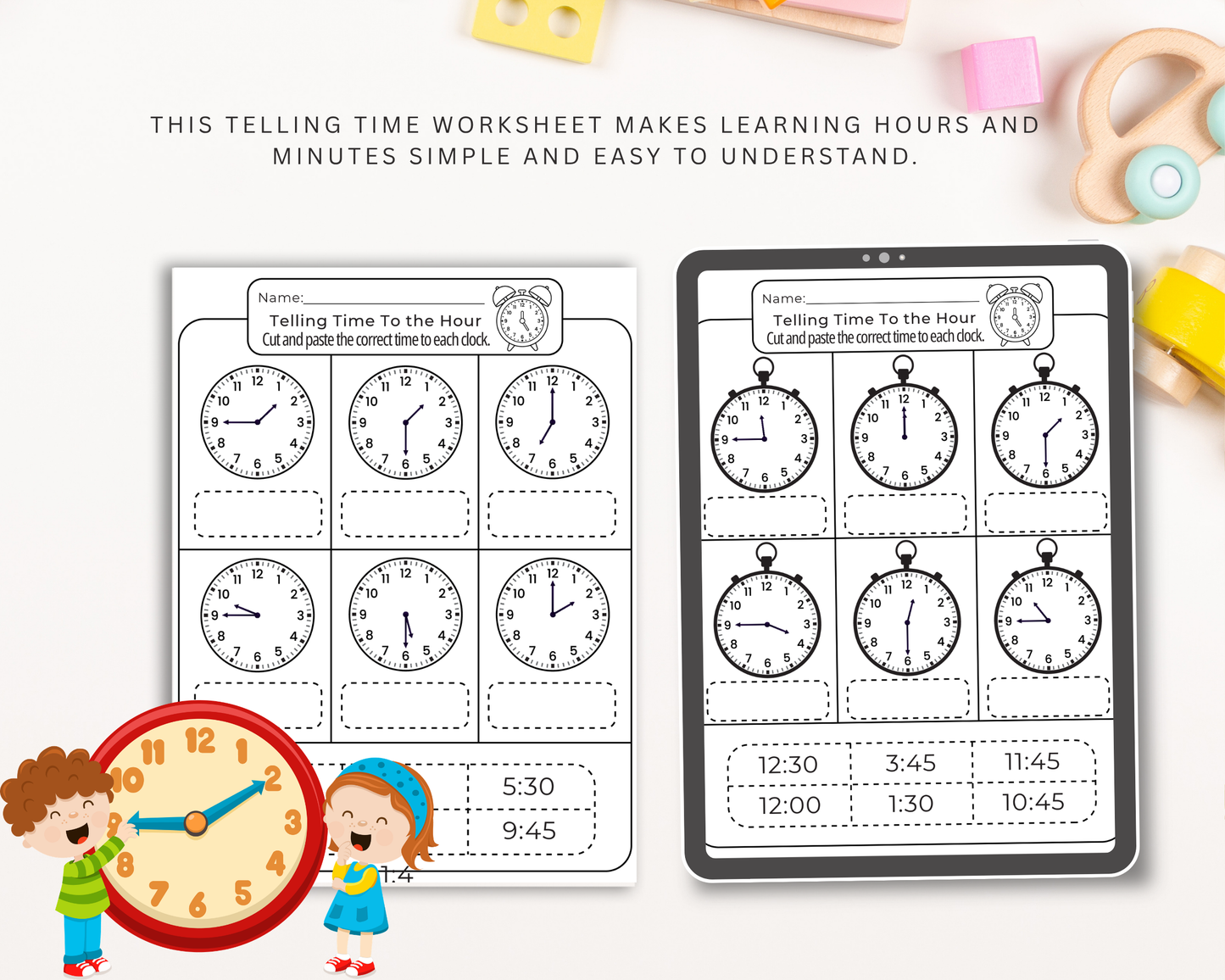 Telling Time Clock Worksheet | Printable Time Learning Exercises for Kids & Beginners