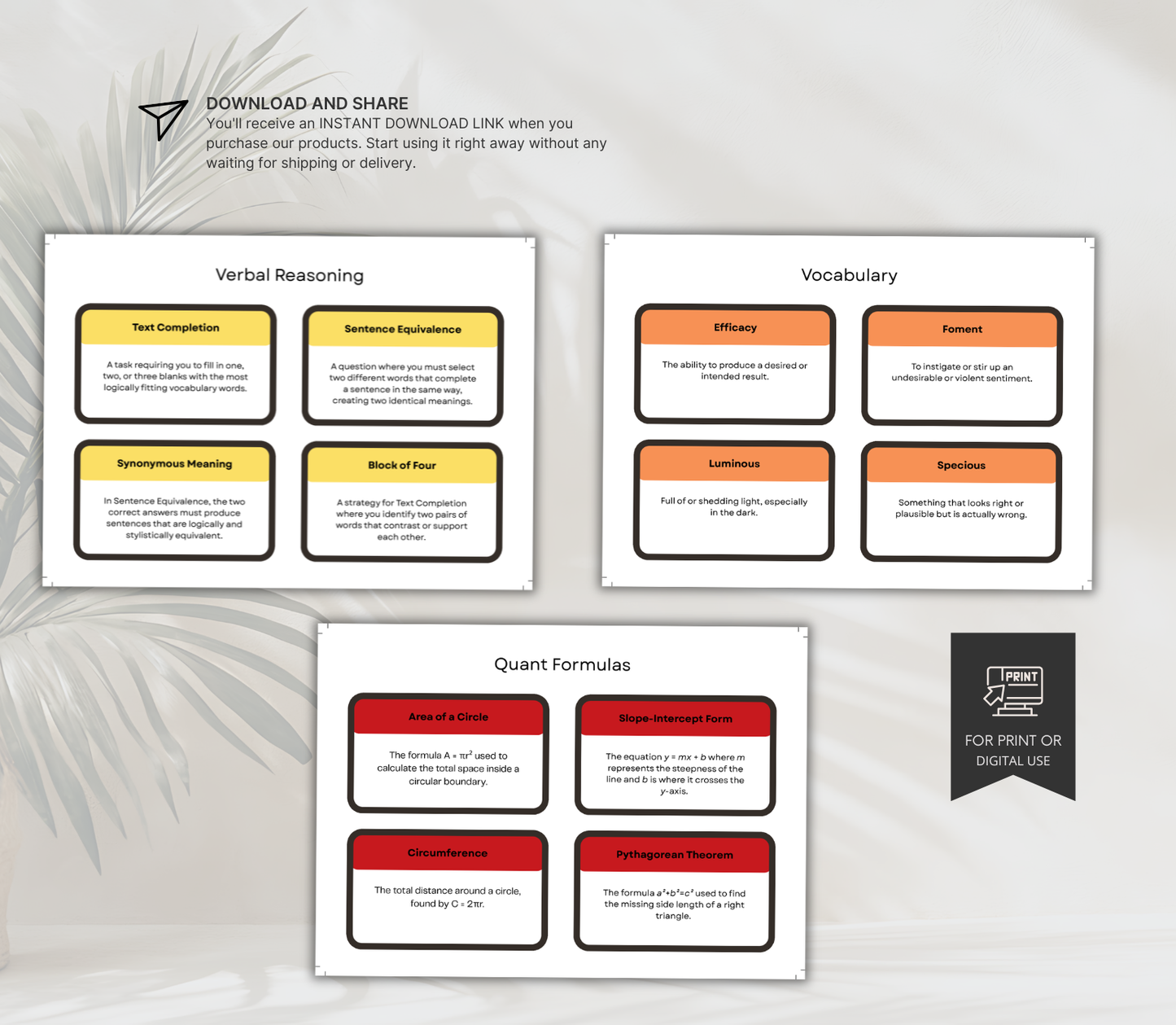 GRE Test Prep Flashcards Bundle | Printable Study Cards for Exam Success