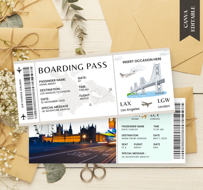 London Boarding Pass & Ticket Template | Editable Canva Travel Invite & Event Ticket Design