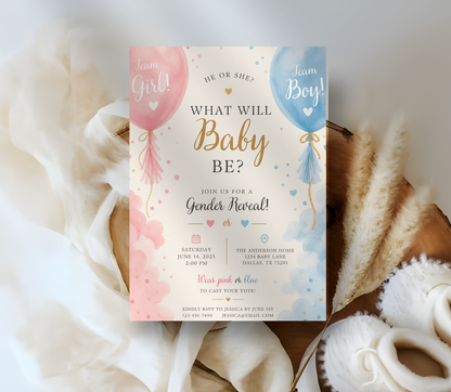 Baby Reveal Invitation Template | Editable Gender Reveal Party Invite Canva Template
