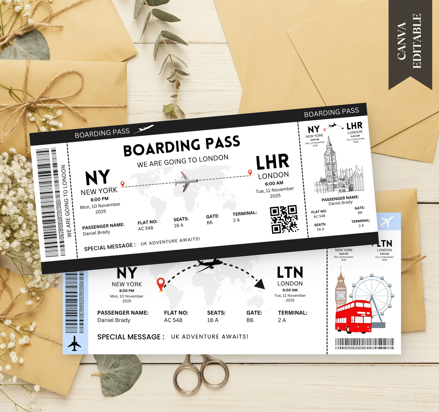 London Boarding Pass & Ticket Template | Editable Canva Travel Ticket Invitation & Party Invite