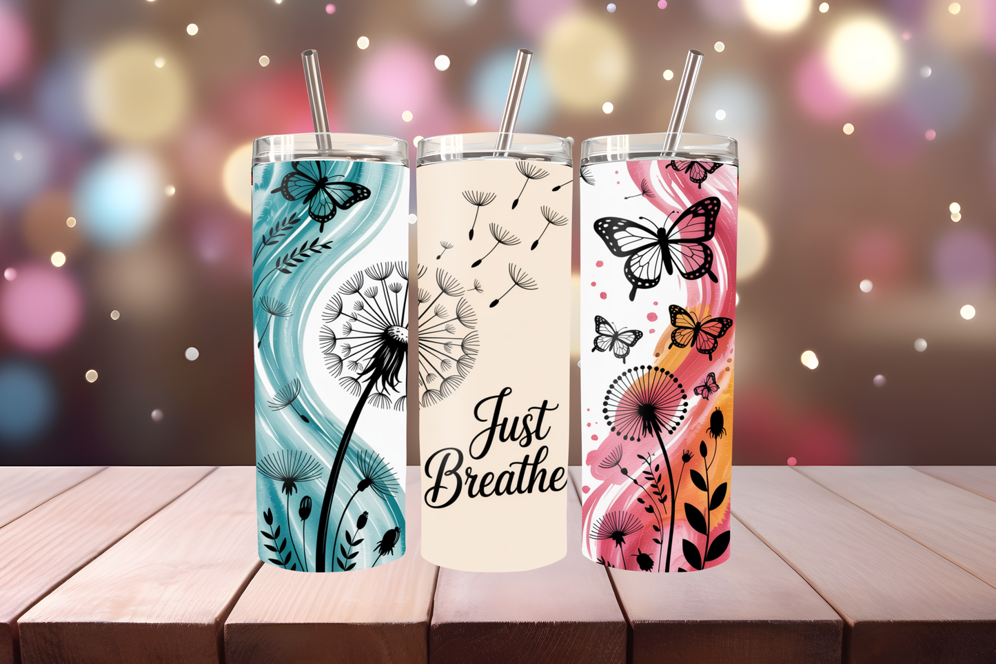 Just Breathe Tumbler Wrap PNG | Motivational Quote Design, 20oz Skinny Tumbler Sublimation, Mindfulness &amp; Self Care Tumbler Template