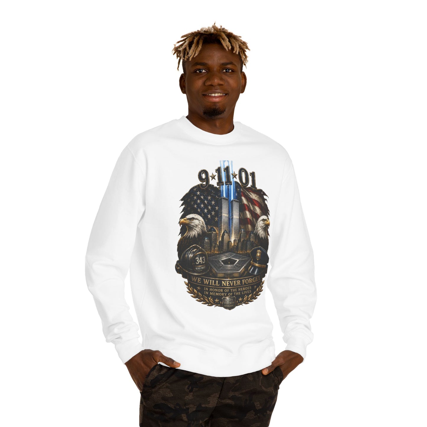 9/11 Memorial Sweatshirt — We Will Never Forget Tribute Crewneck