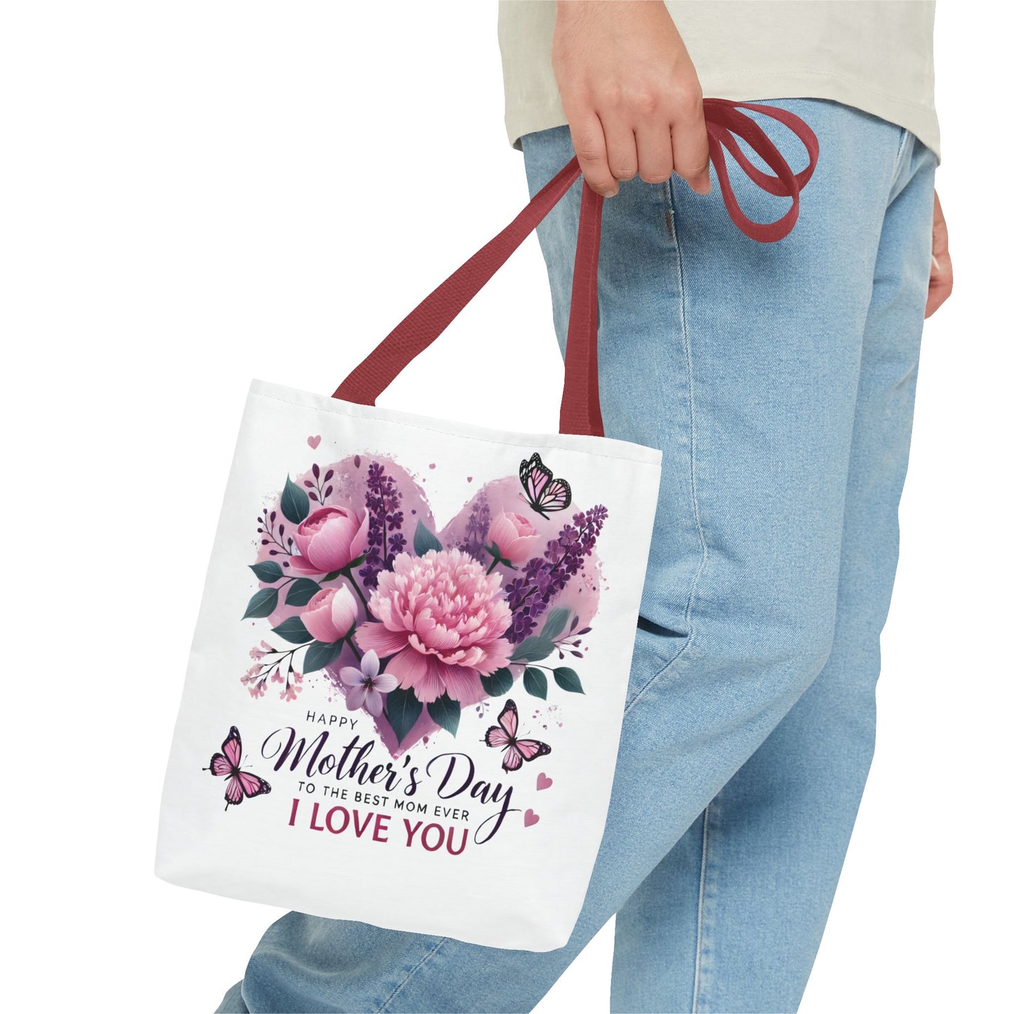 Mother's Day Floral Tote Bag - "Happy Mother's Day I Love You" Heart Bouquet