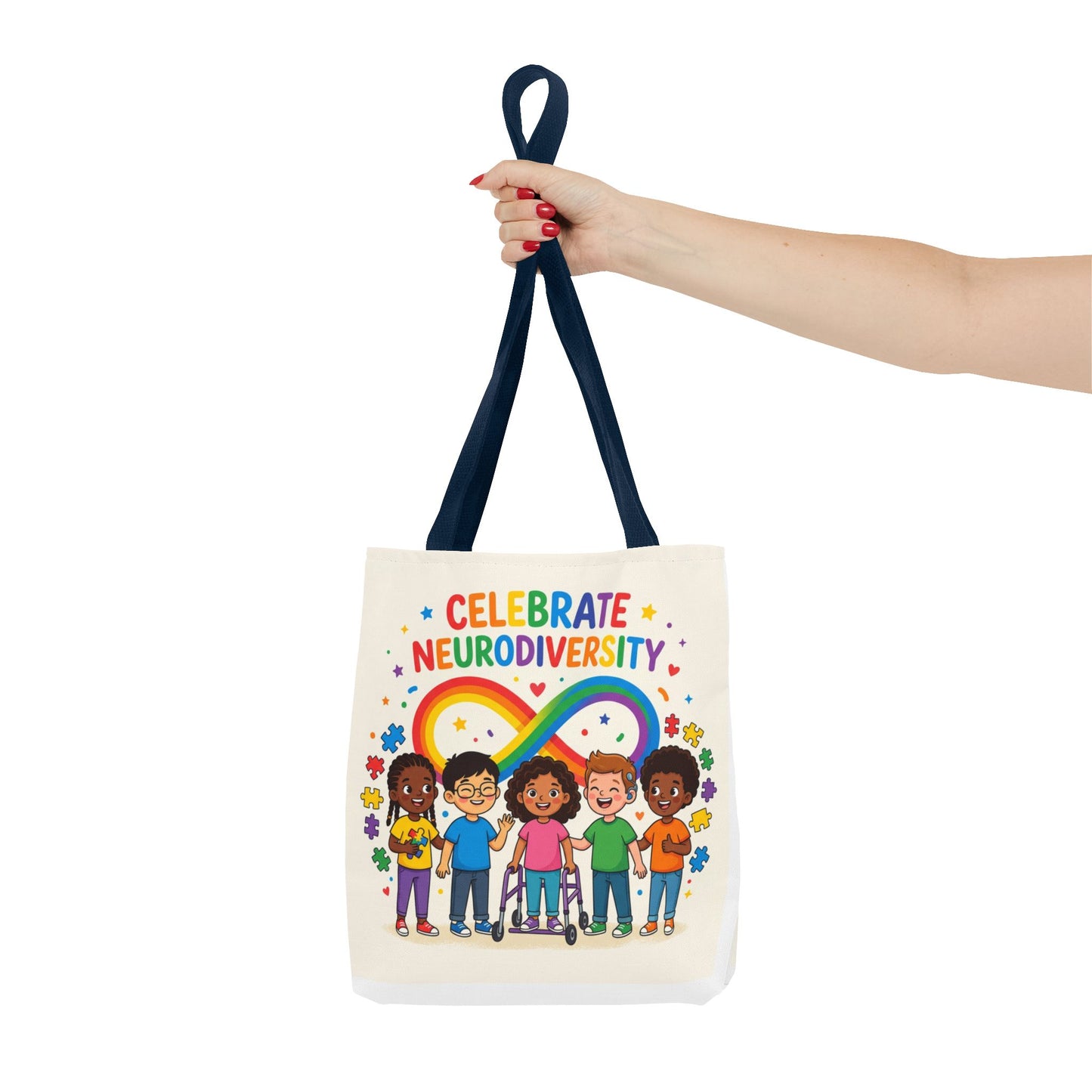 Celebrate Neurodiversity Tote Bag — Rainbow Infinity Symbol with Diverse Kids