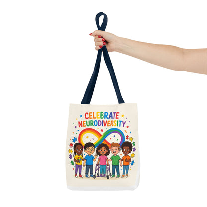 Celebrate Neurodiversity Tote Bag — Rainbow Infinity Symbol with Diverse Kids
