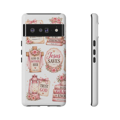 Christian Phone Case — Jesus Saves Floral Tough Case with 'God Is Within Her' & 'Trust God' Design