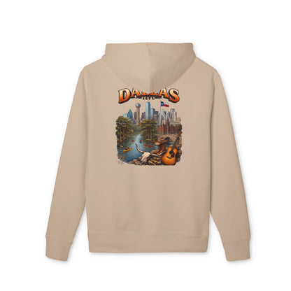 Dallas Cityscape Hoodie — Retro Skyline, River & Guitar Graphic