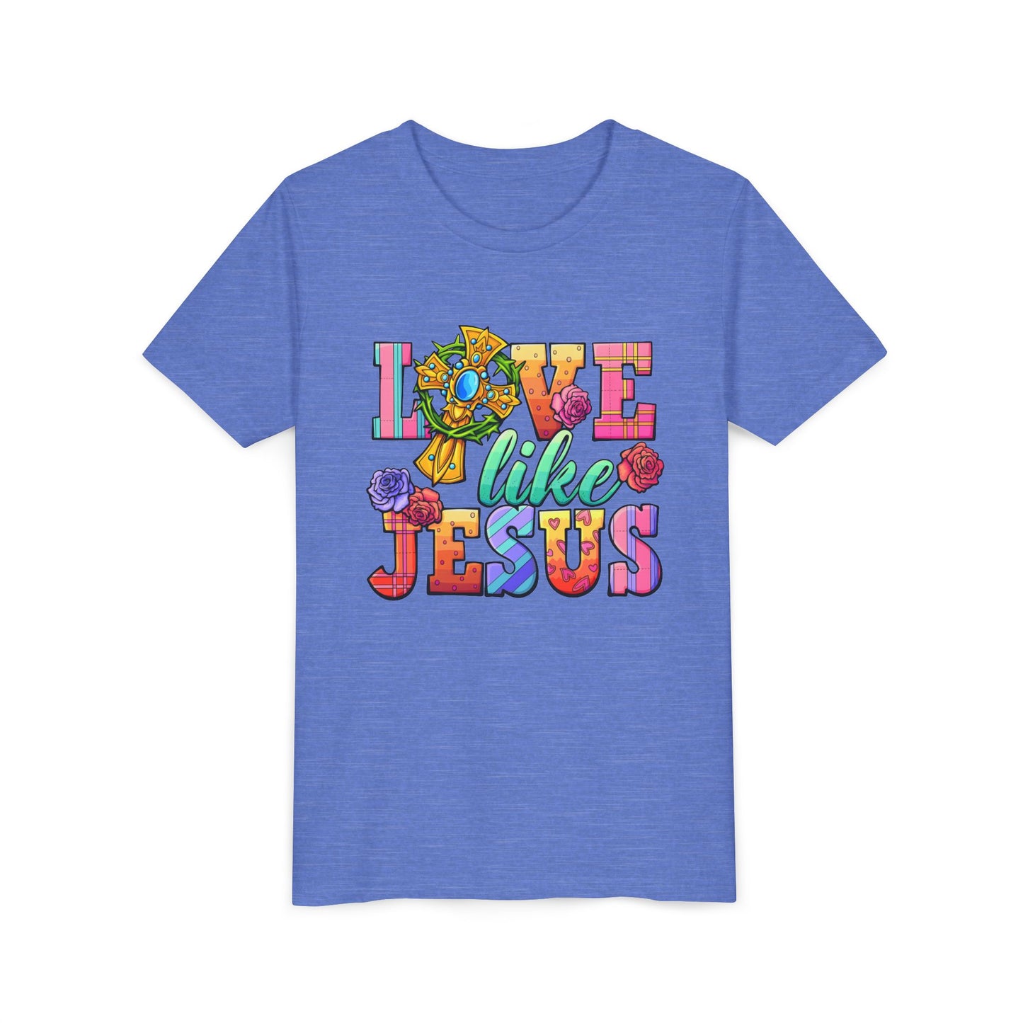 Youth Tee — "Love Like Jesus" Colorful Faith Graphic