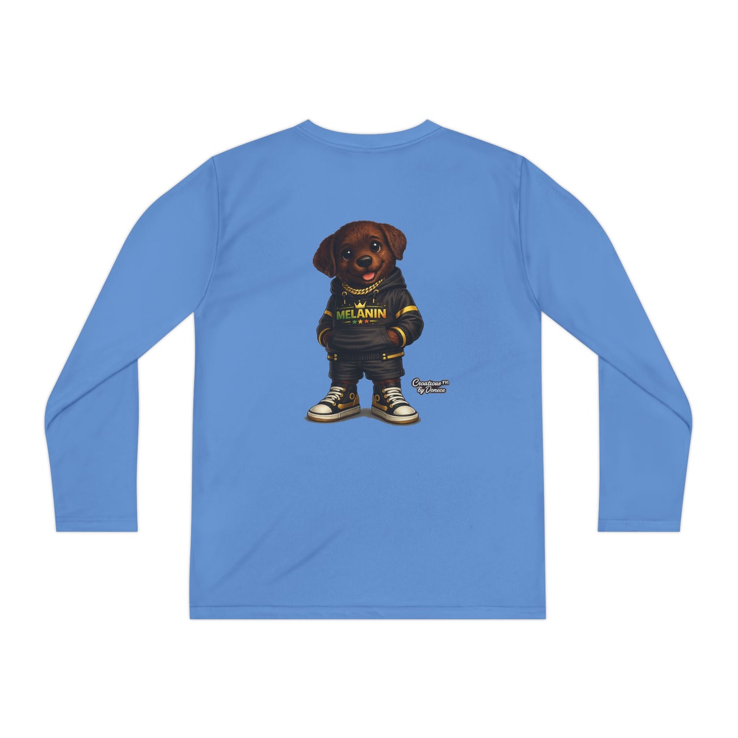 Youth Long Sleeve Tee — Cute Rottweiler Pup Graphic "Melanin" Hoodie Design
