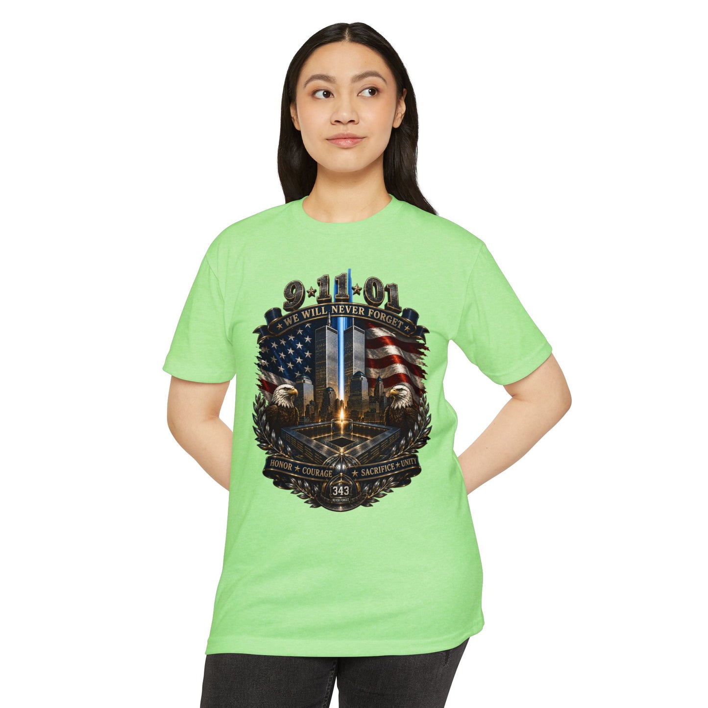 9/11 Never Forget Tribute T-Shirt — World Trade Center Memorial Tee