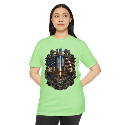 9/11 Never Forget Tribute T-Shirt — World Trade Center Memorial Tee