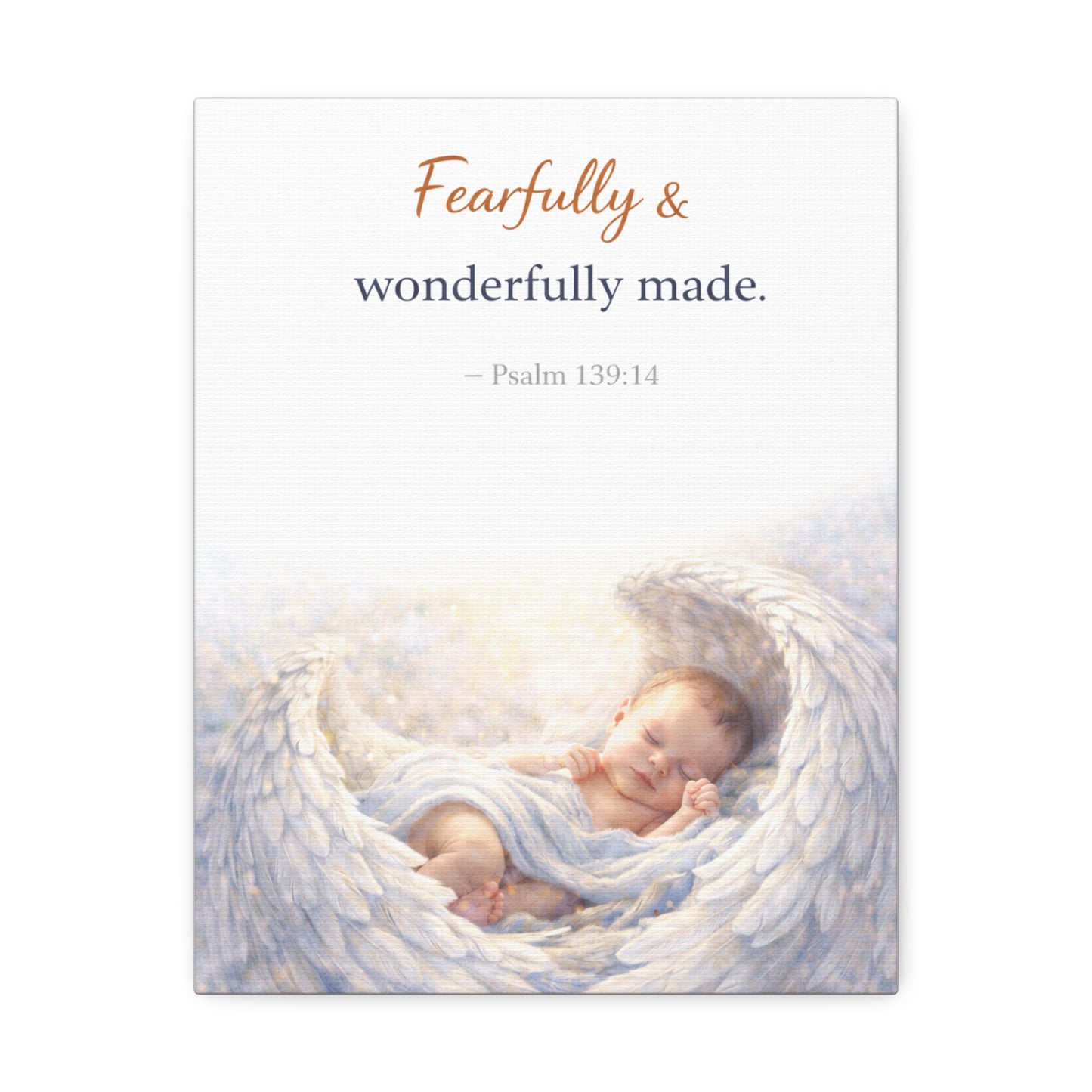 Canvas Wall Art - "Fearfully & Wonderfully Made" Baby Angel Bible Verse (Psalm 139:14) Nursery Decor