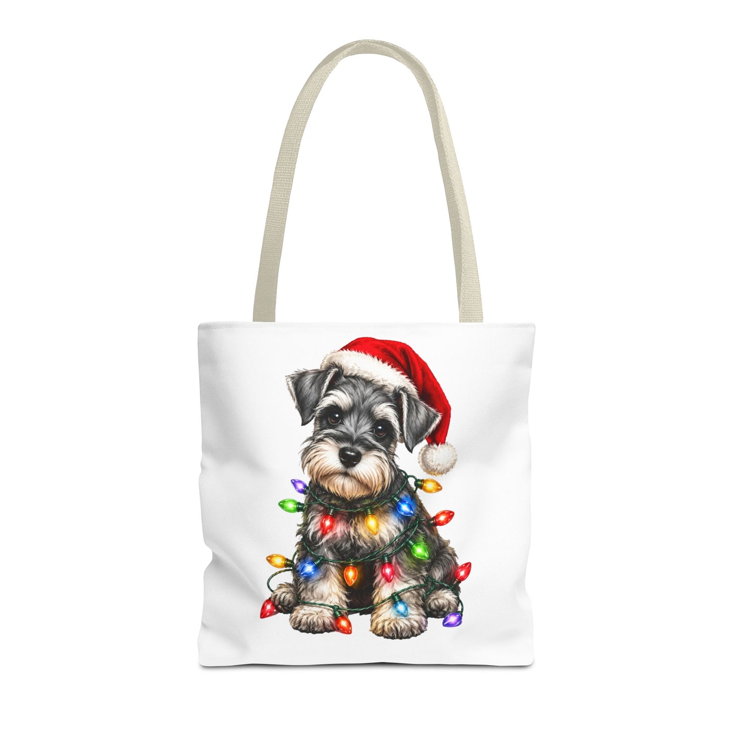 Christmas Schnauzer Tote Bag — Cute Puppy with Santa Hat & Holiday Lights