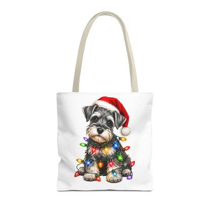 Christmas Schnauzer Tote Bag — Cute Puppy with Santa Hat & Holiday Lights