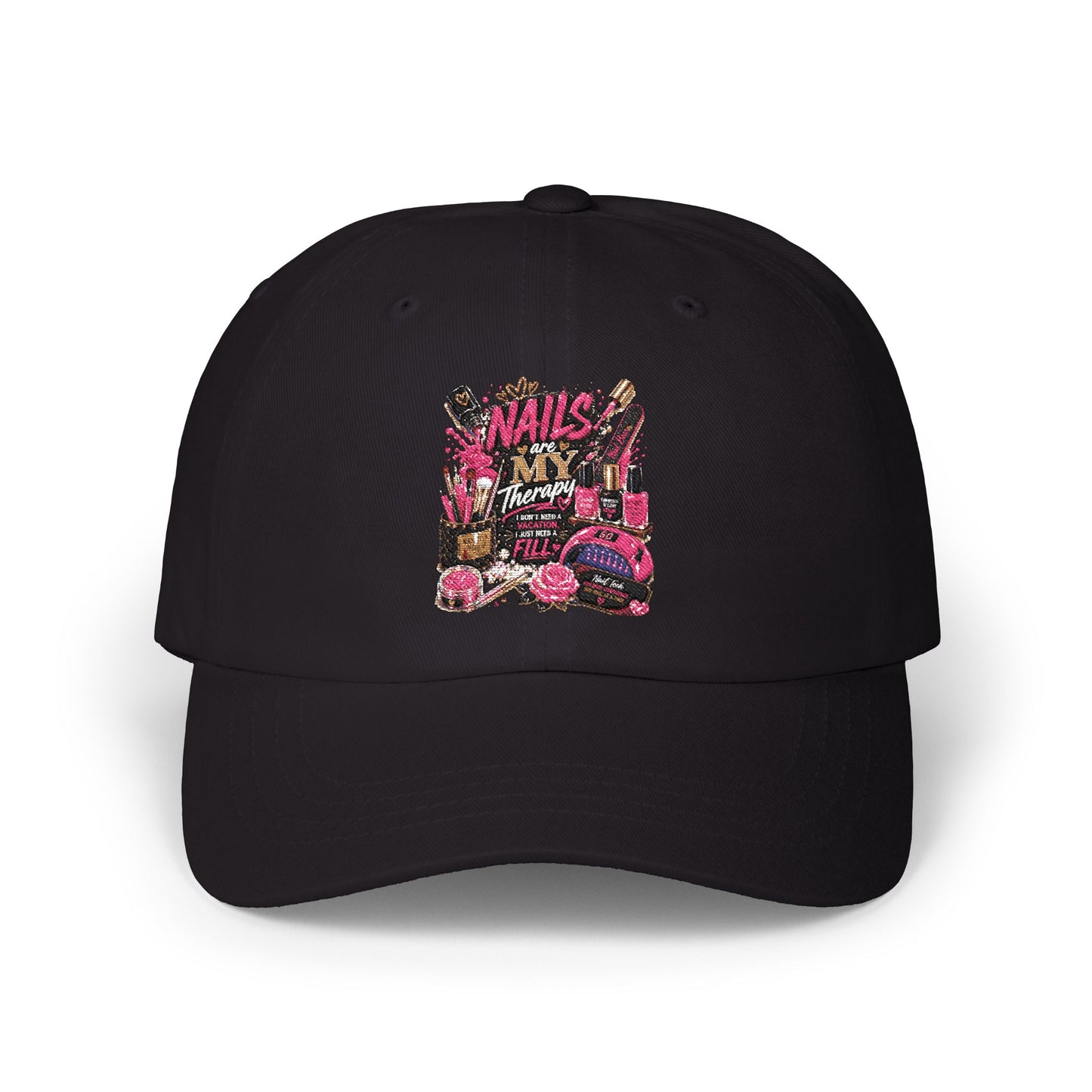 Baseball Cap — 'Nails, Bangs, & Beauty' Pink Cosmetics Embroidered Dad Hat