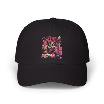 Baseball Cap — 'Nails, Bangs, & Beauty' Pink Cosmetics Embroidered Dad Hat