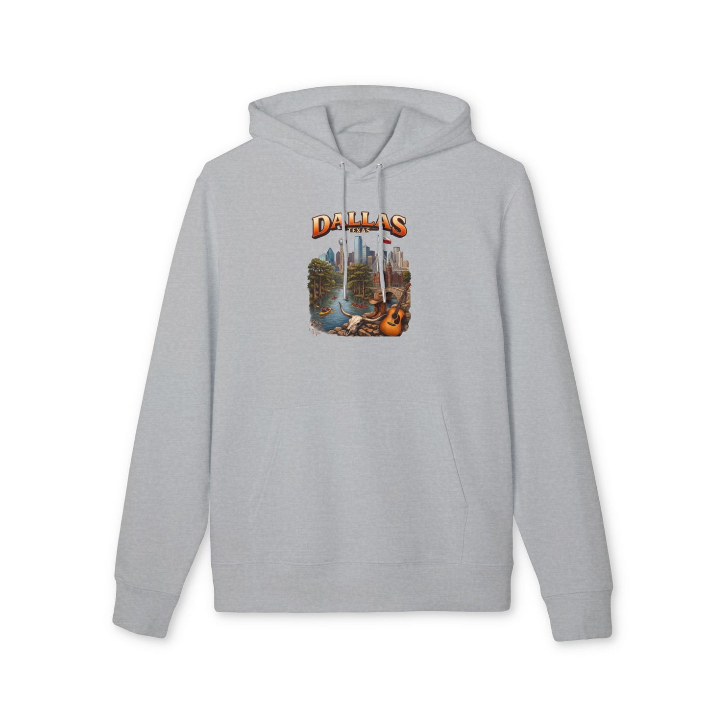 Dallas Cityscape Hoodie — Retro Skyline, River & Guitar Graphic
