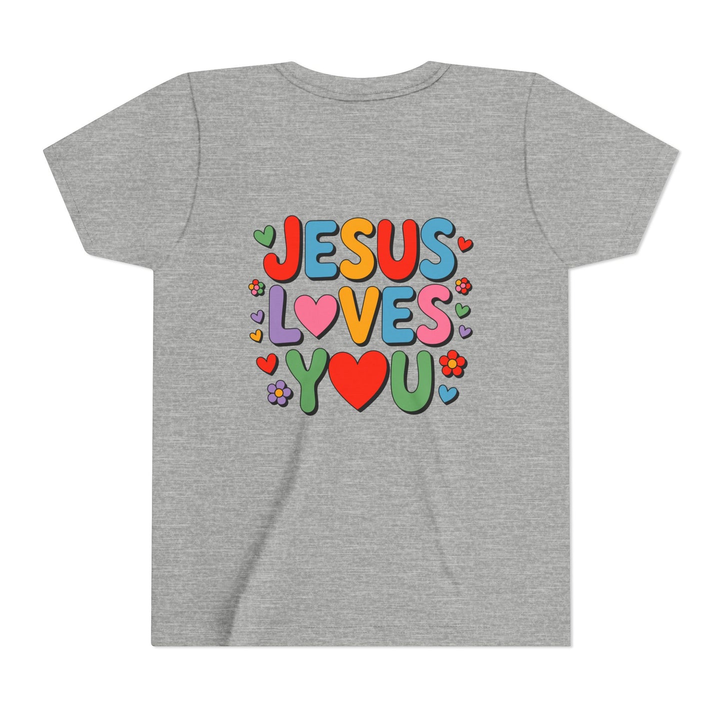 Youth Tee - "Jesus Loves You" Colorful Heart & Flower Christian Shirt