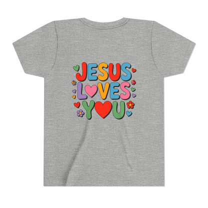 Youth Tee - "Jesus Loves You" Colorful Heart & Flower Christian Shirt
