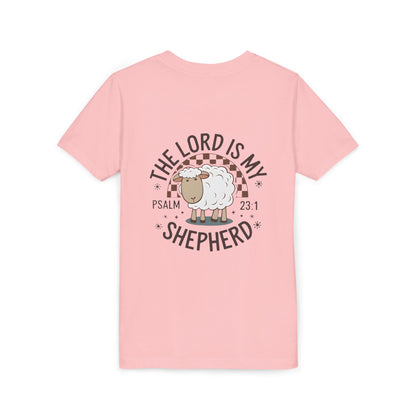 Youth Tee — "The Lord Is My Shepherd" Psalm 23:1 Christian Kids T‑Shirt (Sheep Design)