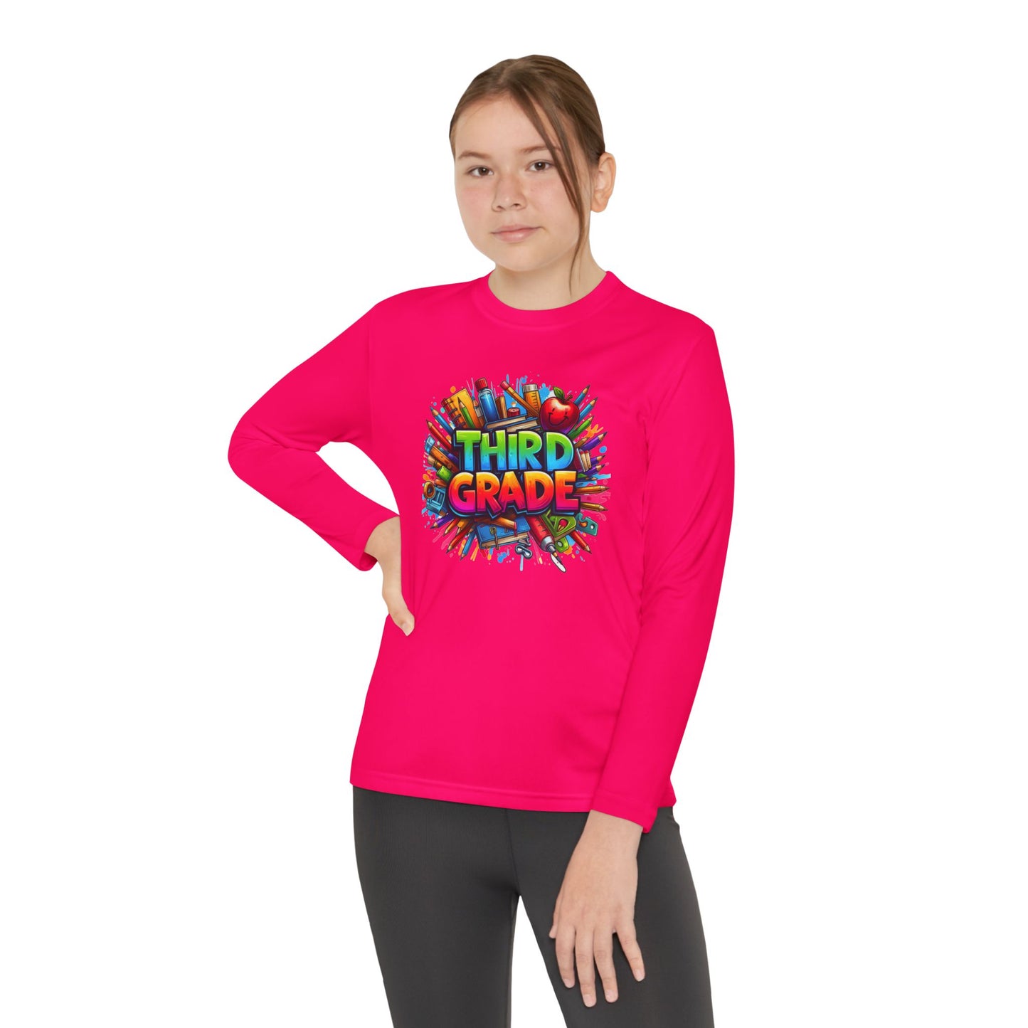 Third Grade Youth Long Sleeve Tee — Colorful School Supplies Design