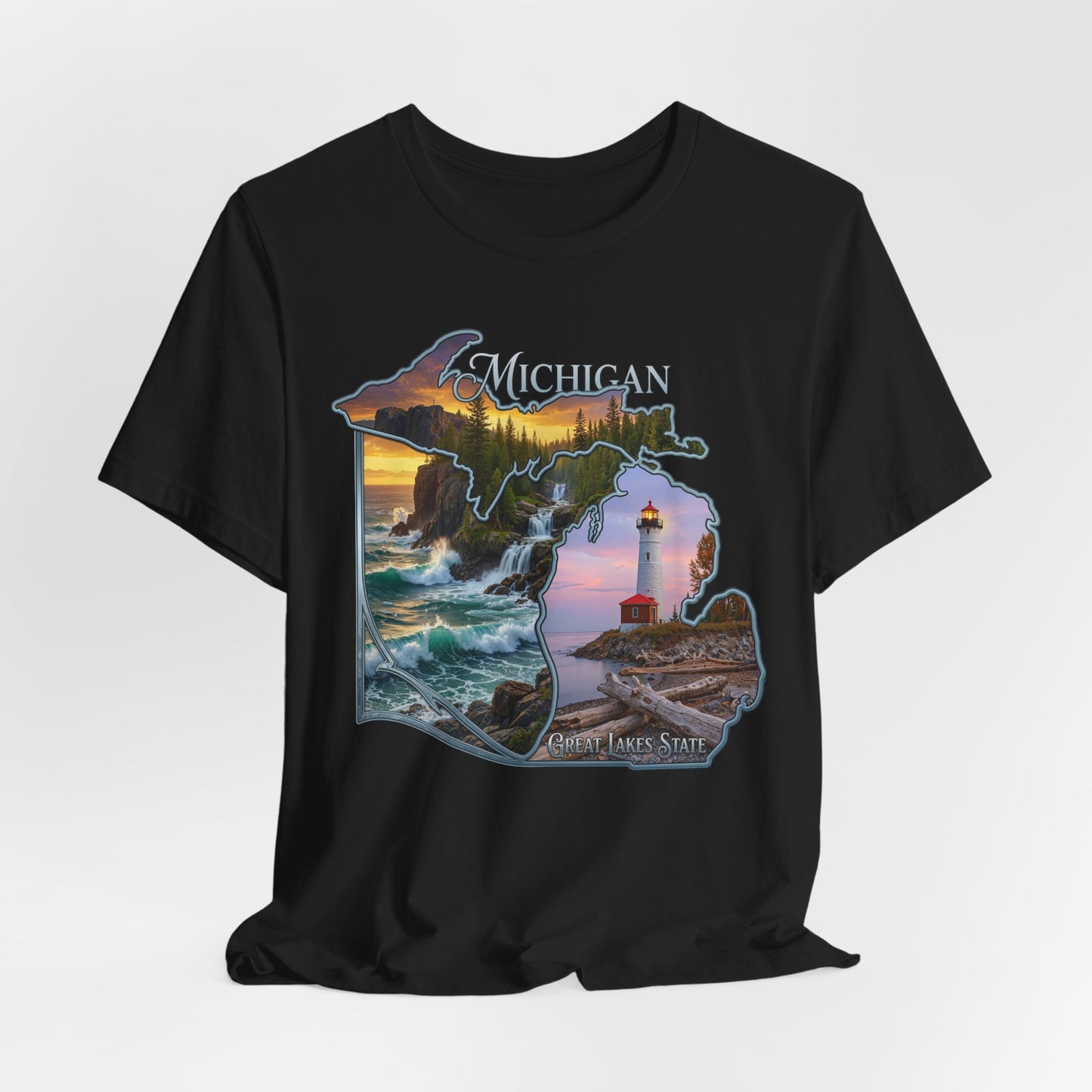 Michigan Scenic Map T-Shirt — Great Lakes Lighthouse Sunset Tee