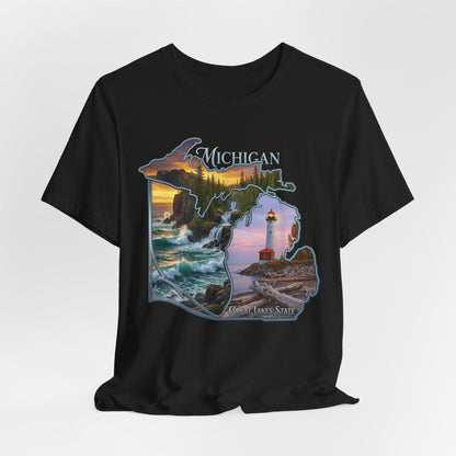Michigan Scenic Map T-Shirt — Great Lakes Lighthouse Sunset Tee