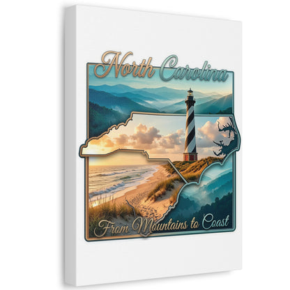 North Carolina Canvas Wall Art — "From Mountains to Coast" Lighthouse State Map