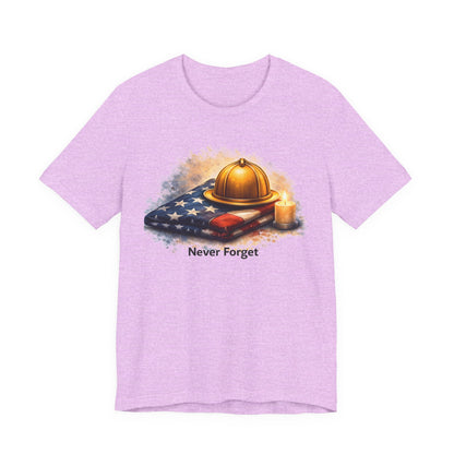 Never Forget Memorial T‑Shirt — Firefighter Helmet & Flag Tribute