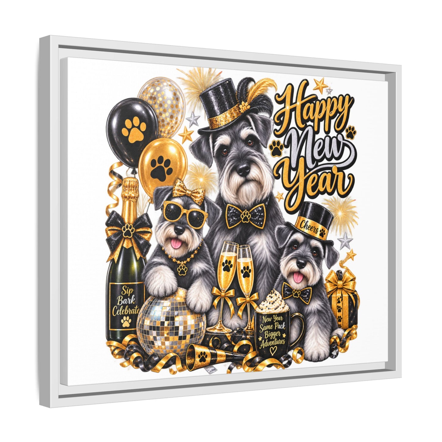 Happy New Year Schnauzer Holiday Canvas Print — Framed Matte Wall Art