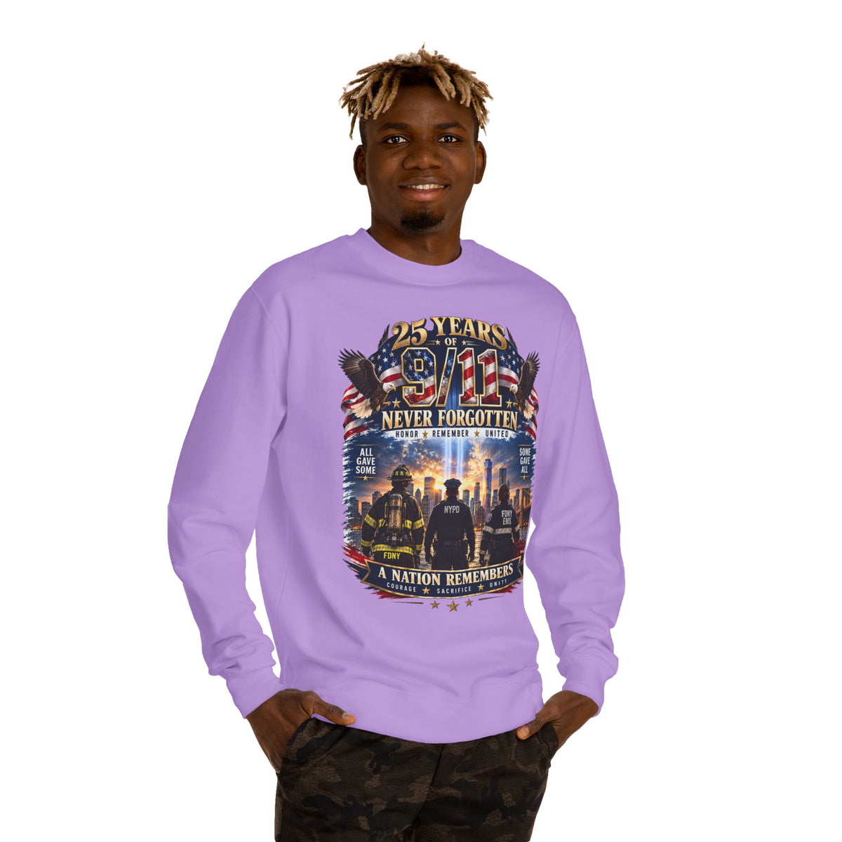 9/11 Never Forgotten Crewneck Sweatshirt — 25 Years Memorial Tribute