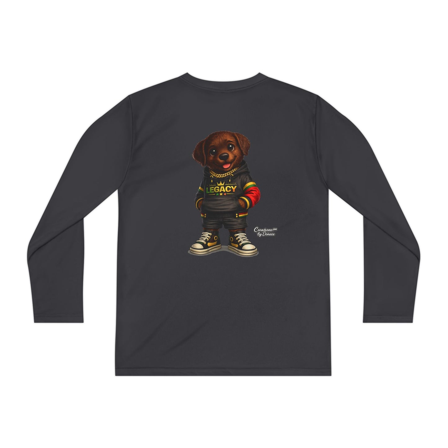 Kids Long Sleeve Tee — Brown Puppy Wearing 'Legacy' Hoodie Graphic
